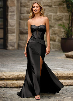 white christmas dresses Aisha Black Satin Ruched Corset Strapless Side Legsplit Formal Prom Dr main image 1