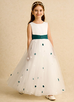 Azazie Cricket Flower Girl Dresses Ivory Peacock Ball-Gown Pleated Matte Satin Dress image3