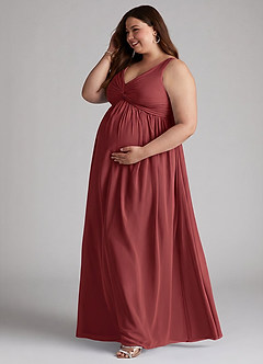 Azazie Yetta Maternity Bridesmaid Dresses A-Line V-Neck Gathered Chiffon Floor-Length Dress image10