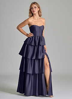 Azazie Faye Robes de demoiselle d'honneur Robe Trapèze en Satin extensible Rayé Bleu Orageux image1