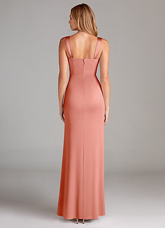 Azazie Denice Final Sale Coral Sheath Pleated Stretch Satin Dress image2