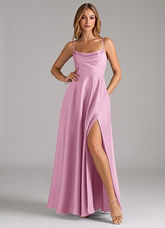 Azazie Elle Bridesmaid Dresses Candy Pink A-Line Pleated Stretch Satin Dress image3