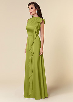 Azazie Narine Mother of the Bride Dresses Lemongrass A-Line High Neckline Pleated Stretch Satin Dress image2