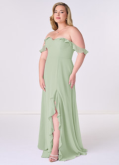 Barbie ♥ Azazie Jurken voor bruidsmeisjes Converteerbaar Jurk van Chiffon met A-Lijn Off the Shoulder Stoffige Salie image4