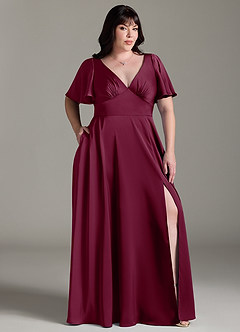 Azazie Kimber Bridesmaid Dresses Mulberry A-Line Ruched Stretch Satin Dress image9