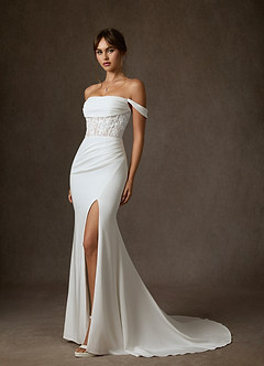 Azazie Alyce Suknie ślubne Syrena Zza ramienia Satyna z tyłu Crepe Pociąg sądowy Sukienka image1