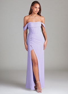 Azazie Amyra Bridesmaid Dresses Lilac Sheath Off the Shoulder Chiffon Convertible Dress image4