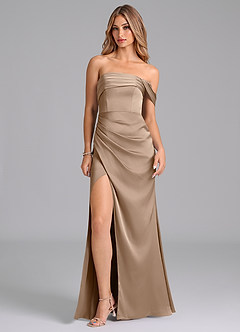 Azazie Lisbeth Bridesmaid Dresses Taupe Mermaid Off the Shoulder Stretch Satin Convertible Dress image3