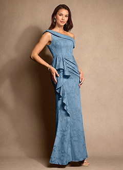 Azazie Hamptons Abiti per la Madre della Sposa Abito A-Line in Burnout Floreale Plissettato Blu Acciaio image4