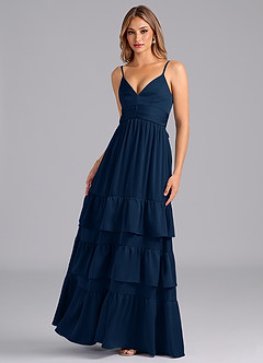Azazie Nathalia Bridesmaid Dresses Dark Navy A-Line Pleated Stretch Satin Dress image5