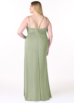 Azazie Aqua Robes de demoiselle d'honneur Robe Trapèze en Satin extensible Col V plissé Vert Sauge image9