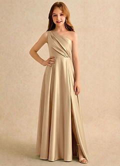Azazie Puddles Girls Formal Robe Demoiselle D'honneur Fillette Robe Trapèze en Satin extensible Une épaule Champagne image1
