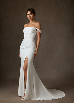 Azazie Alyce Essayer des robes à la maison Robe Sirène en Crêpe Dos Satin Épaule décolletée Blanc De Diamant image1