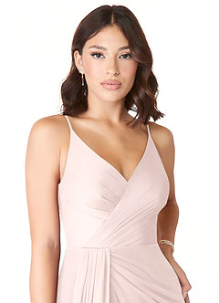 Azazie Evalin Bridesmaid Dresses Blushing Pink A-Line V-Neck Pleated Mesh Dress image5