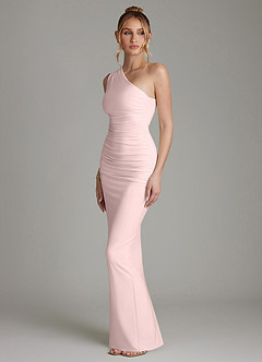 Azazie Shanice Bridesmaid Dresses Blushing Pink Sheath One Shoulder Premium Stretch Jersey Dress image4