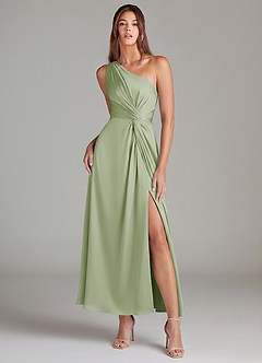 Azazie Brooke Brudtärnklänningar Klä av A-Linje i Stretch Satin Ena axeln Dusty Sage image1