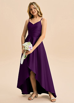 Azazie Eirlys Junior Vestido Uva de Cetim elástico de Linha A com Plissado image4