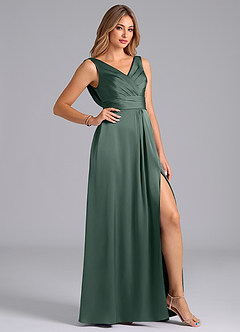 Azazie Karina Bridesmaid Dresses Sea Moss A-Line Pleated Stretch Satin Dress image5