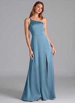 Azazie Trina Final Sale Steel Blue A-Line One Shoulder Stretch Satin Dress image1