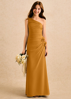 Azazie Sophie Girls Formal Robe Demoiselle D'honneur Fillette Robe Fourreau en Mousseline de soie Une épaule Caramel écossais image1