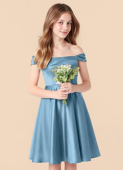 Azazie Amira Junior Steel Blue A-Line Pleated Stretch Satin Dress image5