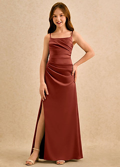Azazie Cannoli Girls Formal Blumenmädchenkleider A-Linie Plissee Stretch-Satin Kleid Terrakotta image3