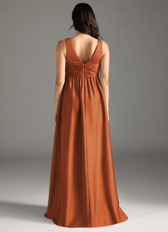Azazie Yetta At-home Try On Dresses A-Line Pleated Stretch Satin Floor-Length Dress image7