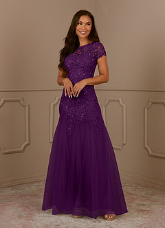 Azazie Laurie Mother of the Bride Dresses Grape Mermaid Scoop Sequins Tulle Dress image4