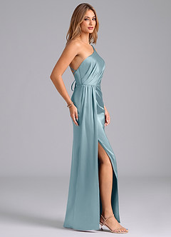 Azazie Naria Bridesmaid Dresses Moody Blue Sheath One Shoulder Stretch Satin Dress image4
