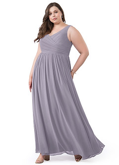 Azazie Keyla Robes de demoiselle d'honneur Robe Trapèze en Mousseline de soie Col V plissé Brume image43
