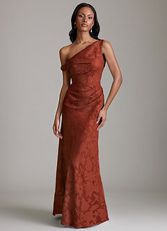 Azazie Emerson Bridesmaid Dresses Terracotta Mermaid Off the Shoulder Floral Burnout Dress image1