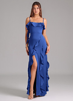Azazie Malia Bridesmaid Dresses Royal Blue A-Line Side Slit Stretch Satin Dress image3
