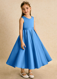 Azazie Junebuj Flower Girl Dresses Blue Jay Ball-Gown Pleated Matte Satin Dress image5