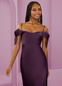 Barbie ♥ Azazie Bridesmaid Dresses Plum Sheath Off the Shoulder Stretch Satin Convertible Dress image9