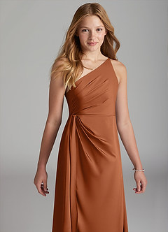 Azazie Mika Junior Robe Trapèze en Satin extensible Plissée Cuivre image4