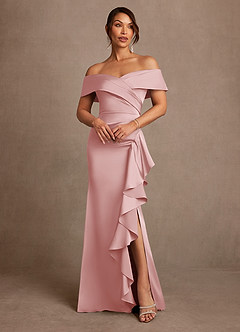 Azazie Kirsty Mère de la mariée Robes Robe Fourreau en Satin extensible Épaule décolletée Rose Poudré image1