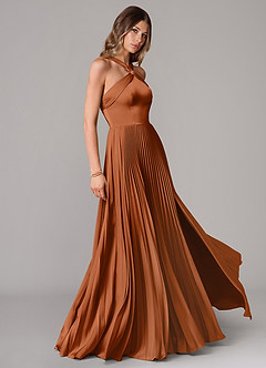 Azazie Afra Bridesmaid Dresses Copper A-Line Pleated Stretch Satin Dress image3