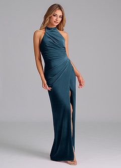 Azazie Jemma Robes de demoiselle d'honneur Robe Fourreau en velours Plissée Topaze Bleue image4