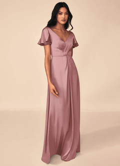 Azazie Soren Bridesmaid Dresses Dusty Rose A-Line Pleated Stretch Satin Dress image4