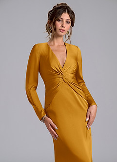Azazie Valerie Bridesmaid Dresses Butterscotch Mermaid Long Sleeve Stretch Satin Dress image5