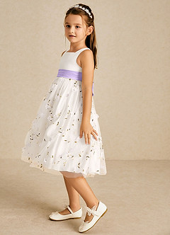 Azazie Pollie Flower Girl Dresses Ivory Lilac A-Line Bow Tulle Dress image5