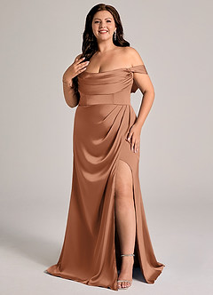 Azazie Johana Robes de demoiselle d'honneur Robe Sirène Convertible en Satin extensible Épaule décolletée Bronze image8