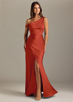 Azazie Madelyn Bridesmaid Dresses Rust Mermaid Off the Shoulder Stretch Satin Convertible Dress image1