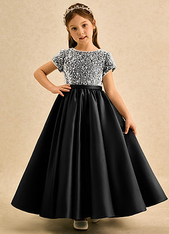 Azazie Cashew Flower Girl Dresses Black Ball-Gown with Sleeves Matte Satin Dress image2