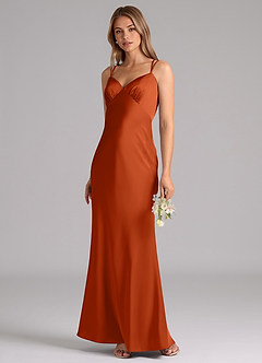 Azazie Suttona Vestidos de damas de honor Vestido de Naranja Quemada de Satén Elástico de Corte en A con Plisado image4