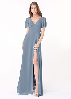 Azazie Kimber Bridesmaid Dresses Dusty Blue A-Line Flounce Sleeve Chiffon Dress image4