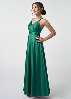 Azazie Avelina Junior A-Linie Plissee Metallischer Satin Kleid Smaragd image3