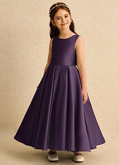 Azazie Mapel vestidos de niña de las flores Vestido de Ciruela de Satin Mate de Princesa con Plisado image3