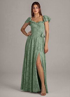 Azazie Aricella Robes de demoiselle d'honneur Robe Trapèze en Blumen-Burnout Corset Matcha image1