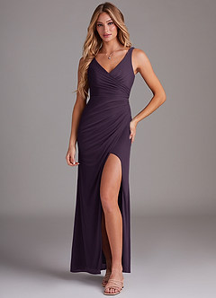 Azazie Leandra Bridesmaid Dresses Plum Mermaid V-Neck Pleated Mesh Dress image1